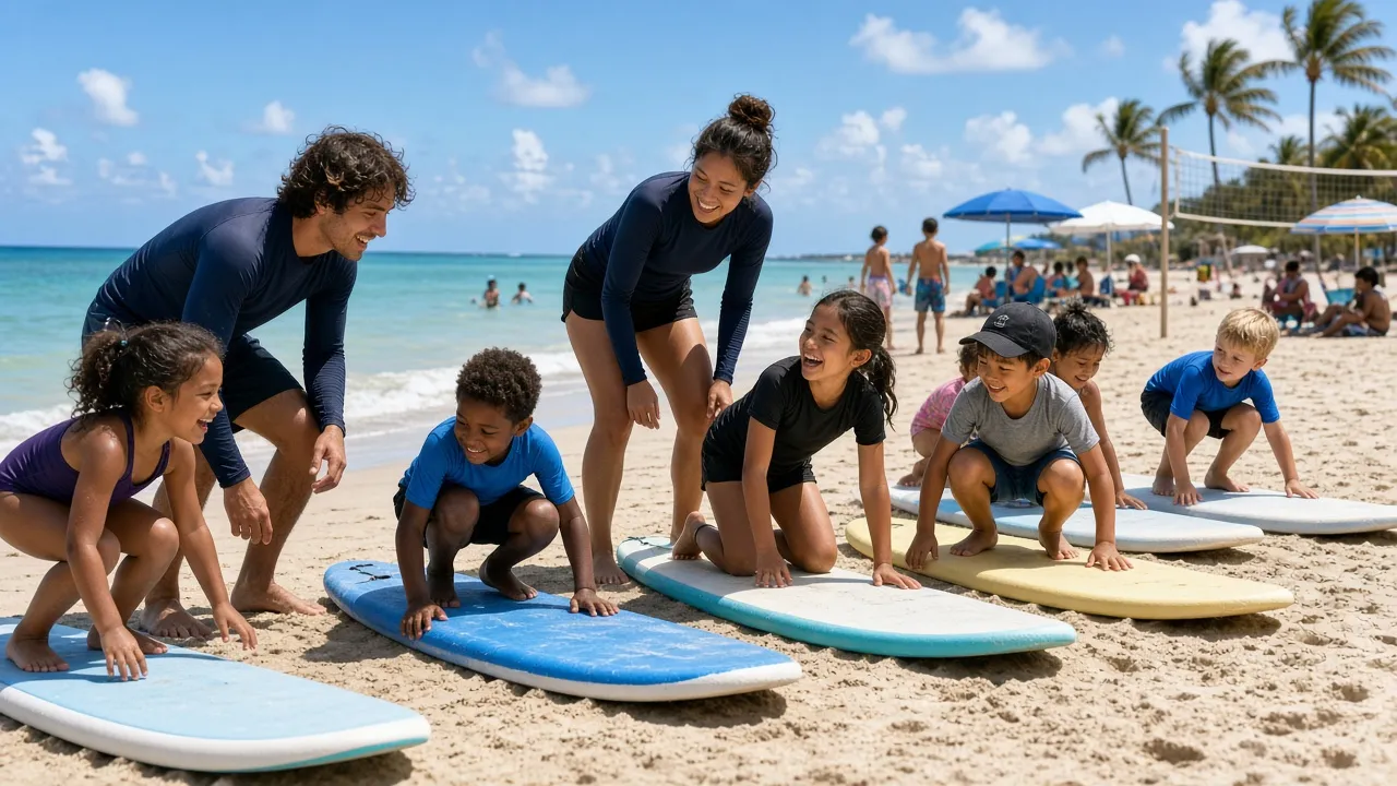Kids practising on foam surfboards on the sand with two surf instructors